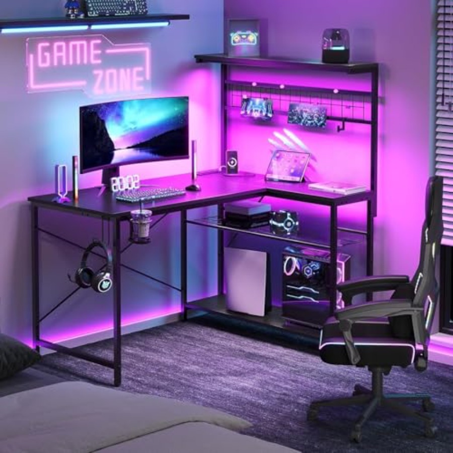 Desk Setup L Shaped - 42 L Gaming-Schreibtisch mit Steckdosen und
